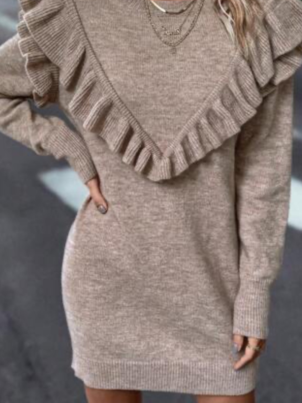 entro Brown Ruffle V-Front Crew Sweater dress